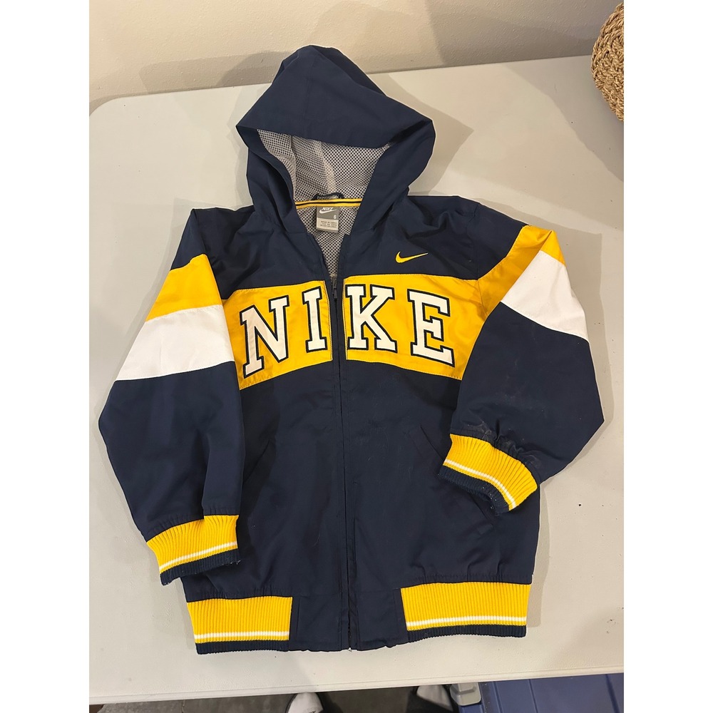 Nike Boys Hooded Windbreaker Jacket Navy Blue Yellow Colorblock Size 6